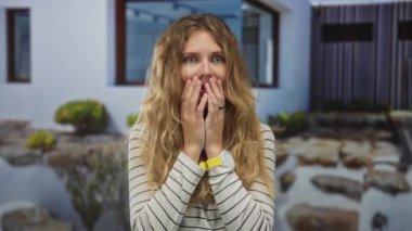 El ele tutuşan kadın, evin dışında pencerenin yanındaki avluda oturan sarışın genç bir bina cephesi tarafından endişeli bir ifade gösteriyor..