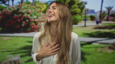 Sarışın genç kadın, şehir parkında güneş ışığı altında gülümserken elini göğsüne koyar. Minnettarlık sevinç samimiyeti ısıtır..