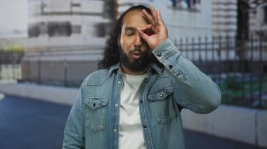 Erkek, çitin yanındaki sokakta kot ceket ve beyaz tişört giyerek ok işaretini göze alıyor; oyuncu merak.