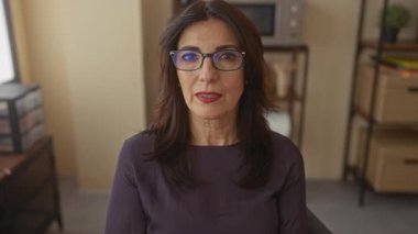 Gözlüklü kadın, ofis binasının arkasında istiflenmiş depolama kutuları ve mikrodalga fırınla masada oturuyor..