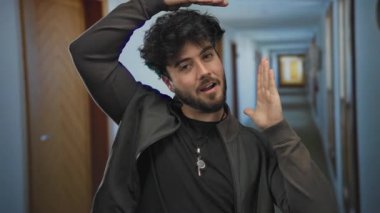 Sakallı enerjik genç bir adam otel koridorunda el hareketleriyle yaratıcılığı ve heyecanı gösteriyor..