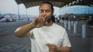 Adam, beyaz tişörtlü, sakallı ve sıkıca sarılmış elleri olan havaalanının kaldırım kenarındaki kamerayı işaret ediyor..