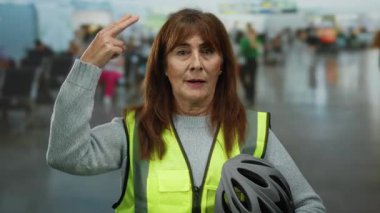 Havaalanı terminalinde güvenlik yeleği giyen ve kask takan son sınıf öğrencisi bir kadın. Kapalı alanda hareketli bir şekilde el kol hareketleri yapıyor. Seyahat etmeyi veya stres yapmayı öneriyor..