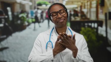 Gözleri kapalı, gözlüklü ve laboratuvar önlüklü bir kadın canlı bir sokak ortamında, boynuna steteskopla şükranlarını sunuyor..