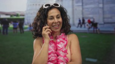 Bikini giymiş bir kadın ve Lewis telefonda konuşuyor. Arka planda turistlerle birlikte Pisa Kulesi 'nin önünde eğilmiş, paradoksal bir plaj giysisi ve tarihi mimari karışımı yaratıyor..