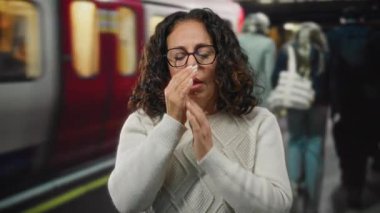 Kıvırcık saçlı bir kadın kapalı tren istasyonunda rahatsız görünüyor, başını ve göğsünü tutuyor, gözlük ve süveter takıyor diğer insanlar tren yolunda yürürken..