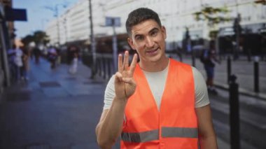 Şehir caddesinde otobüs durağı yakınlarındaki turuncu güvenlik yeleği giyerken çıplak elle parmak gösteren adam yayaları yönlendiriyor, yardımcı rehberlik yapıyor..