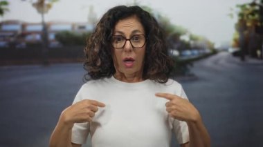 Şaşırmış yüz ifadesi olan bir kadın, bulanık bir geçmişi ve parlak bir günışığı olan, duygularını ve merakını ifade eden bir sokakta kendini işaret ediyor..