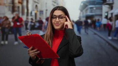 Elinde bir not panosu olan bir kadın hareketli bir caddede, gözlüklü ve kırmızı bir bluz takıyor, karar vermeyi ve kentsel bir çevreye odaklanmayı simgeliyor..