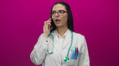 Steteskoplu ve akıllı telefonlu İspanyol kadın doktor canlı pembe bir duvara yaslanmış, tıbbî profesyonelliği ve iletişimi aktarıyor..