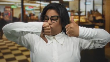 Lokantada parmakları karışık hareket eden, gözlüklü, duygularını ifade eden, beyaz gömlek giyen, akşamları şehir ortamında takılan bir kadın..