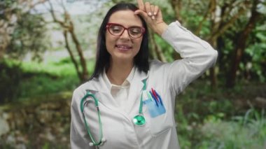 Genç İspanyol doktor, güneşli bir açık hava parkında, beyaz bir üniforma ve steteskop giyip, doğanın ortasında neşeli bir ruh hali içinde zavallı bir jest yapıyor..