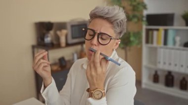 Masada oturan beyaz gömlekli ve gözlüklü kadın akıllı telefonu ağızdan ağıza tutuyor ve el kaldırıyor; sessiz yansıma.