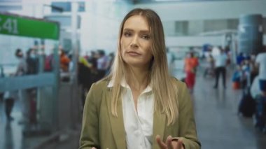 Yoğun bir havaalanı terminalinde, arka planda insanlar varken sakin bir şekilde el kol hareketi yapan kadın, kaosun ortasında bir huzur anı yakalıyor..
