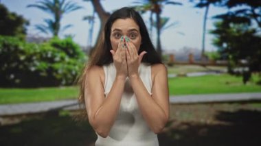 Beyaz bluz giyen kadın elleri ve elleri ile ağzını kapatırken şaşırmış bir ifade sergiliyor. Sürpriz..