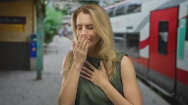Sarı saçlı, yeşil bluzlu, tren istasyonunda öksüren bir kadın, bir demiryolu platformunda açık havada, güneşli bir günde toplu taşıma arasında bir rahatsızlık anı yakalıyor..