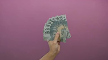 Endonezya rupiah banknotlarını pembe bir arka plan üzerinde tutan adam, finans ve zenginlik kavramını resmediyor.