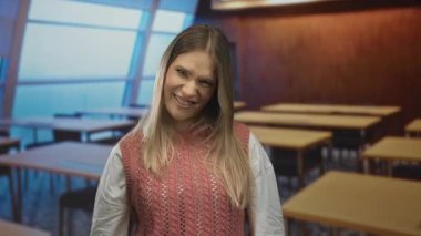 Sınıfta gülümseyen genç sarı saçlı, süveter giyen ve evde eğitim ortamında poz veren bir kadın..