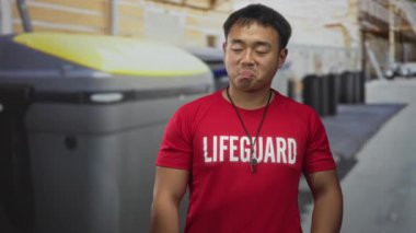 Genç Çinli bir cankurtaran, şehir sokaklarında çöp ve geri dönüşüm konteynırlarının yanında omuz siliyor..