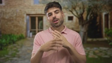 Bir adam göğsünün üzerinde çapraz kollarla dışarıda taş binanın girişinde gündüz vakti pembe gömlek giyerek duruyor..