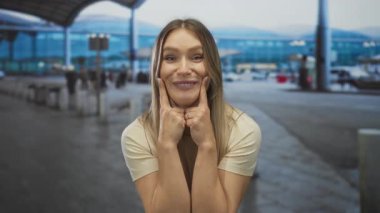 Kalabalık bir havaalanı terminalinde arka planda modern mimari ile gülümseyen bir kadın açık hava ortamında neşeli ve olumlu bir tavır sergiliyor..