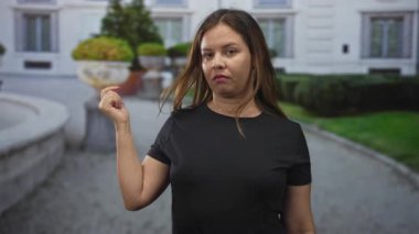 Beyaz bir binanın dışında taş bir çeşme ve kıvrımlı bir yürüyüş yolunun yanında siyah bir tişört giyen beyaz bir kadın kollarını esnetiyor..