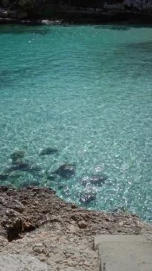 Turkuaz su, Mallorca 'da güneşli bir plajda parıldıyor. Sert kayalık önplanı ve güneş ışığını mükemmel yansıtan berrak dingin dalgaları var..