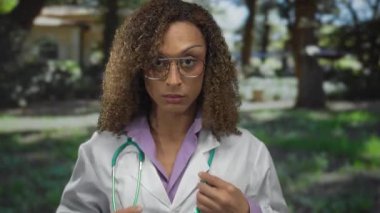 Trans kadın doktor kıvırcık saçlarını düzeltir ve güneş ışığı altında yeşil ormanda steteskop tutar; gurur dayanıklılığı.