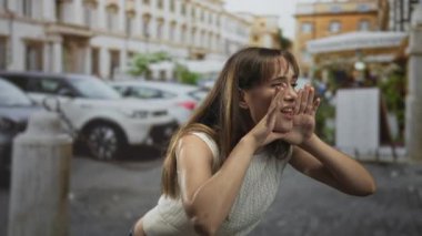 Elle suni teneffüs yapan ve yakındaki bir kafede park etmiş arabaları olan kaldırımlı bir caddede bağıran genç bir kadın..