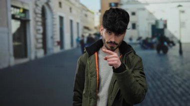 Siyah saçlı ve sakallı genç bir adam. Şehir caddesinde ceket giyiyor. Düşünceli hareketler sergiliyor.