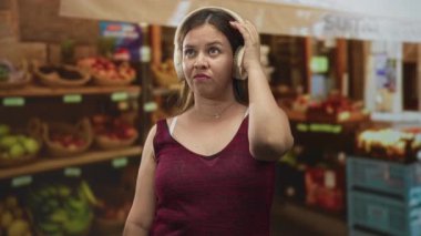 Meyve pazarında kulaklık takan genç bir kadın sesi buruştururken rahatsız edici dikkat dağıtıcı....