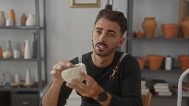 İnsan, parlak bir stüdyo ortamında elleri ve kenarları parmakları ile taze bir kil kap şekillendirir; yaratıcı adanmışlık.