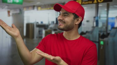 Kırmızı şapkalı ve gömlekli adam, Checkin Büfeleri yakınlarındaki yoğun havaalanı terminalinde elleri açık şekilde el kol hareketleri yapıyor; dostça hizmet, misafirperverliği ısıtıyor.