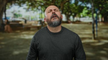 Sakallı beyaz adam güneşli parkta yeşil ağaçlar ve yumuşak ışıkla düşünceli görünüyor. Günlük koyu süveter giyiyor. Açık hava tefekkürünü ve rahatlamayı çağrıştırıyor..