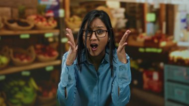 Bir meyve tezgahının önünde duygularını ifade eden bir kadın. Canlı renkler sergiliyor. Günlük gözlük takıyor ve gölgeli ışık altında mavi bir gömlek giyiyor..