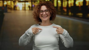 Kalabalık bir şehir caddesinde kendini gösteren kadın, samimi bir anı yakalıyor. Arkaplanda parlak kentsel ışıklar çerçeveli, dostane bir gülümseme ve kıvırcık saçla..