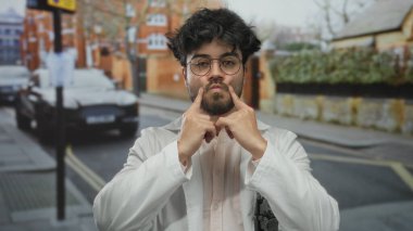 Sakallı, gülümseyen ve beyaz önlüklü gözlüklü genç adam şehir sokaklarının arka planında gündüz vakti dikiliyor..