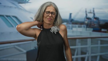 Gemi inşaatı güvertesinde boyun boyun üstüne el ele gezen bir kadın, gözleri kapalı ve ürkek; acı yolculuğu yorgunluğu.