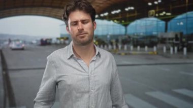 Kolu kapalı bir adam ve bir el havaalanı kaldırım kenarında hafifçe kaldırdı terminal girişi ve yaya geçidi yakın; düşünceli seyahat bekleme.