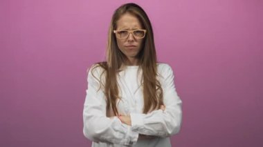 Pembe stüdyoda kollarını kavuşturmuş gözlüklü ve beyaz laboratuvar önlüklü genç bir kadın bilim adamı hayal kırıklığı liderlik bilimi.