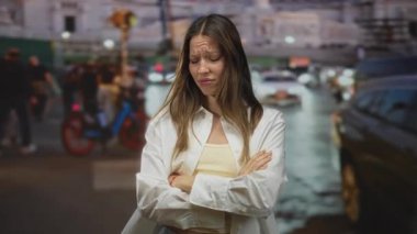 Arkasındaki bulanık trafik ve bisikletlerle ıslak bir caddede duran beyaz gömlekli kadın kolları çapraz kamera karşısında gözlerini kıstı..
