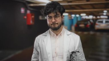 Sakallı ve gözlüklü genç bir adam otoparkta beyaz laboratuvar önlüğü giymiş, akademik bir ortamda odaklanmış ve düşünceli görünüyor.