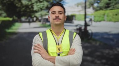 Yansıtıcı yelek giyen genç bir adam parkta gönüllü olarak çalışıyor, kendine güvenen bir ifadeyle kollarını kavuşturuyor, güneşli bir günde açık havada duruyor, bulanık yeşil bir arka planı var..