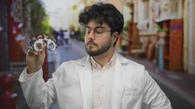 Güneşli bir günde şehir merkezinde gözlüklü ve sakallı genç bir adam beyaz önlük giyerek açık havada optometri aleti tutuyor..