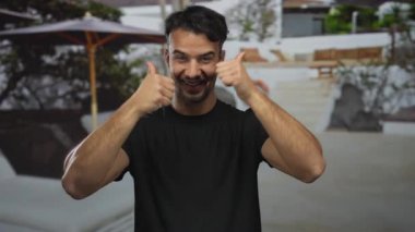 Genç, İspanyol asıllı, neşeli bir gülümsemeyle baş parmak kaldıran, yeşil ve beyaz duvarlı, güneşli havayla çevrili, yumuşak odaklı bir avlu..