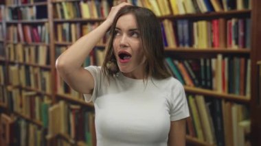 Genç İspanyol kadın kütüphane binasında uzun kitaplıklar arasındaki saçlara dokunuyor..