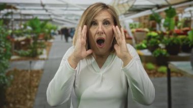 Orta yaşlı beyaz kadın cam binada yeşil saksı bitkilerinin arasında elleriyle yanaklarını tutuyor..