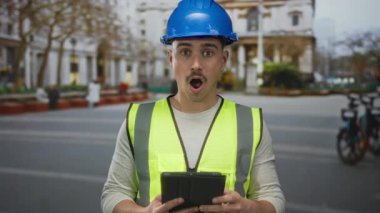 Yansıtıcı yelek ve şapka giyen genç İspanyol adam, şehir caddesinde tablete şaşırmış görünüyor, inşaat temasını ve şehir merkezini gözler önüne seriyor.