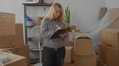Yeni evin oturma odasındaki kutuları düzenleyen kadın günlük giysiler giyerken nakliye malzemeleri ve mobilyalar arasında panoya ayrıntıları not ediyor..
