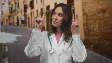 Şehir sokaklarında steteskop jestleri yapan kadın doktor şehir sağlık merkezini canlı bir metropol ortamında düşünceli bir ifadeyle taşıyor..